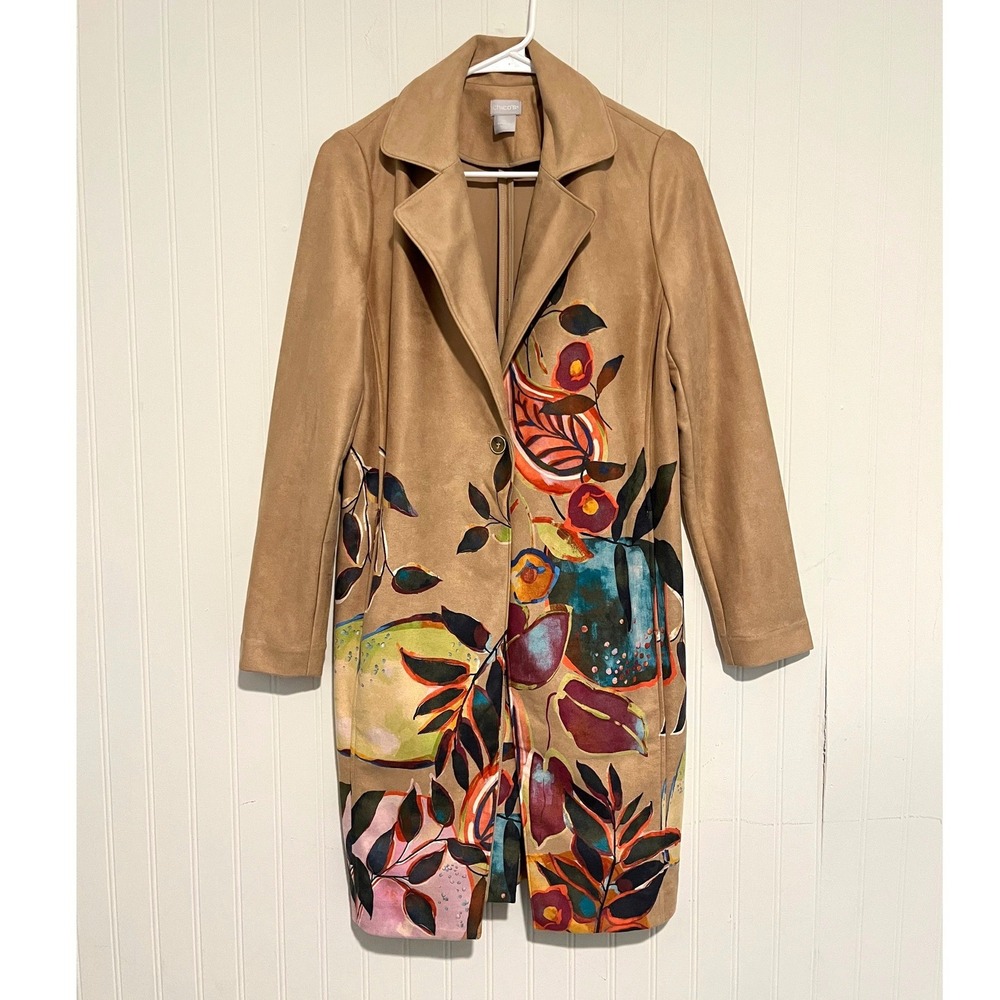 Chico's Faux Suede Trench Coat Womens 0 S Tan Floral Print Mid Length